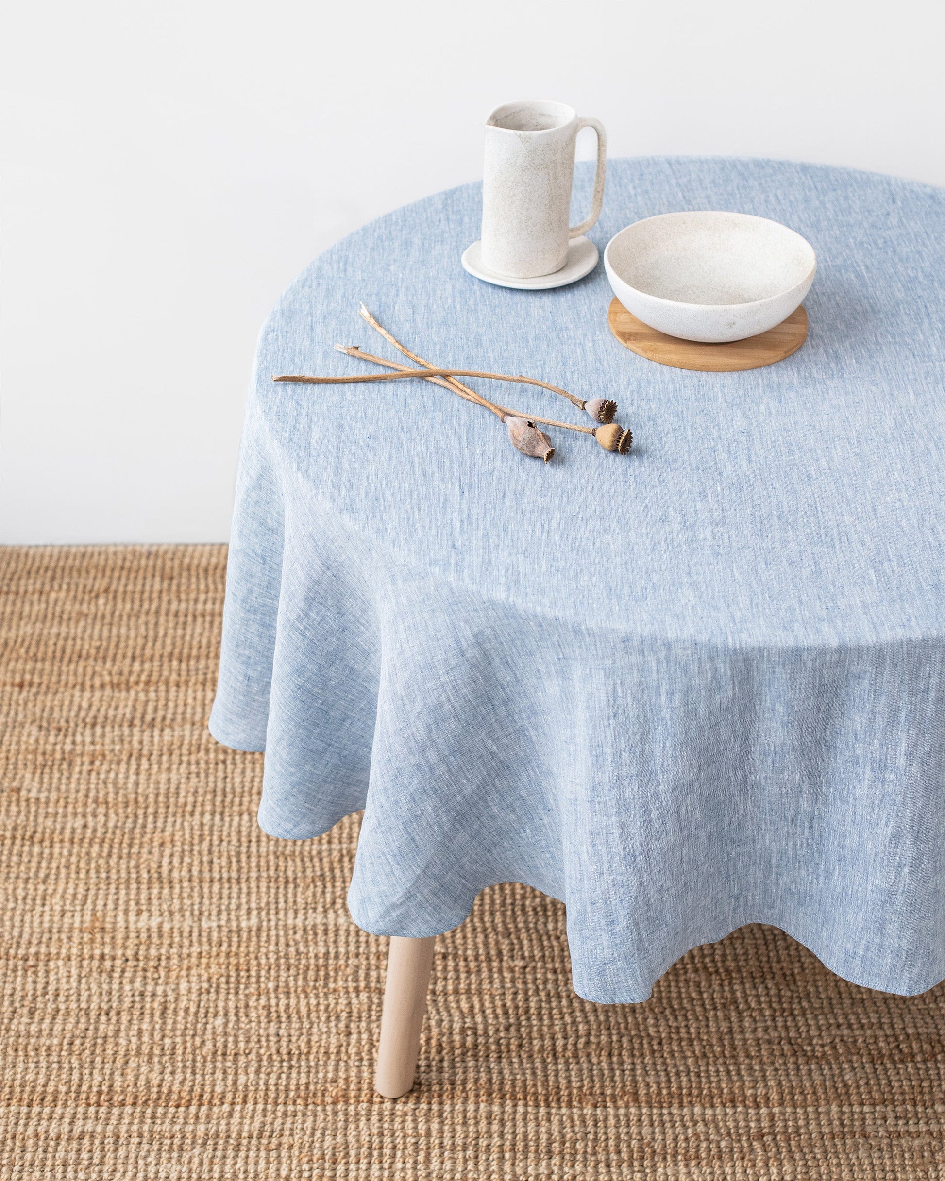 Custom size round linen tablecloth in Blue melange - MagicLinen