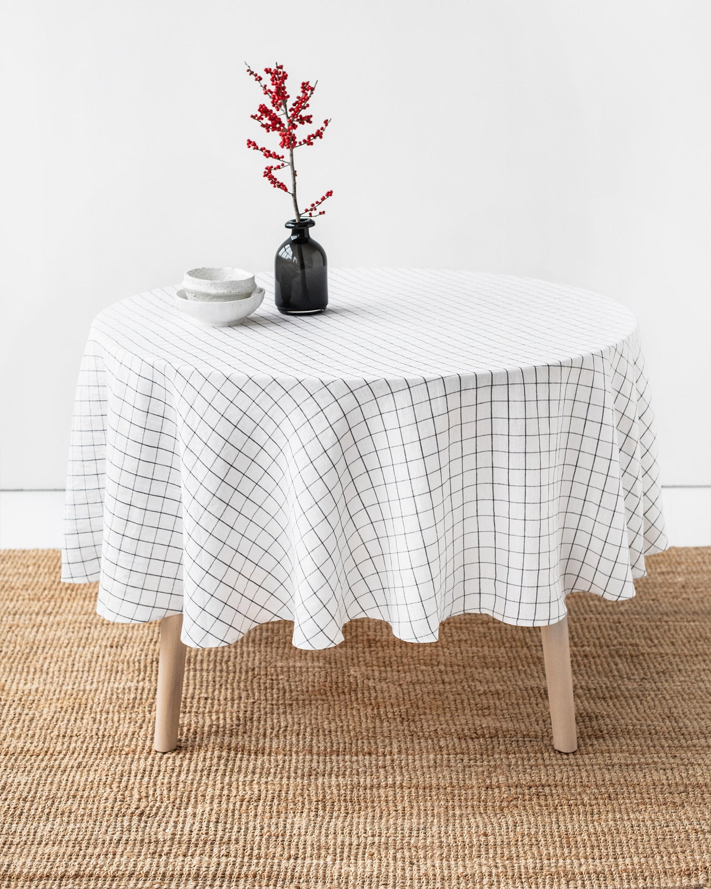 Custom size round linen tablecloth in Charcoal grid - MagicLinen