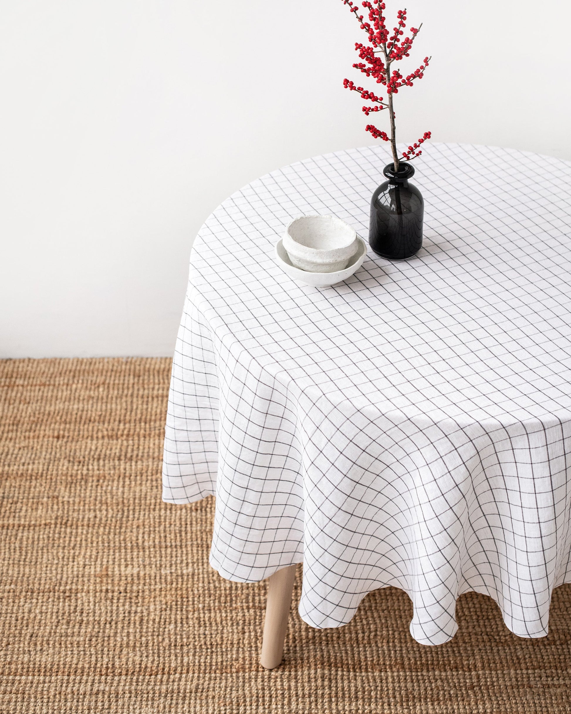 Custom size round linen tablecloth in Charcoal grid - MagicLinen
