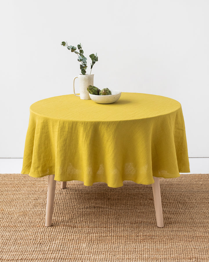 Round linen tablecloth in Moss yellow - MagicLinen