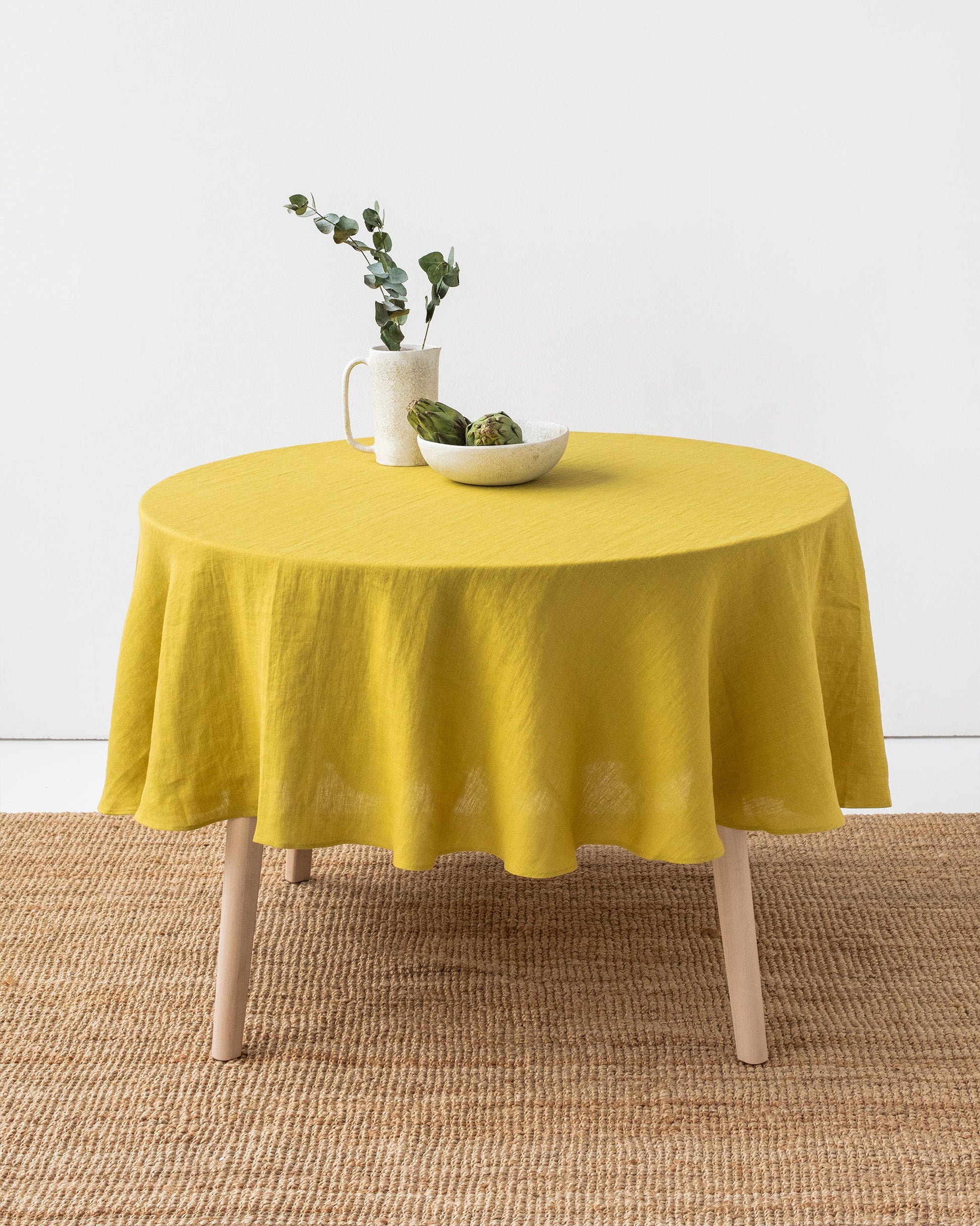 Custom size round linen tablecloth in Moss yellow - MagicLinen