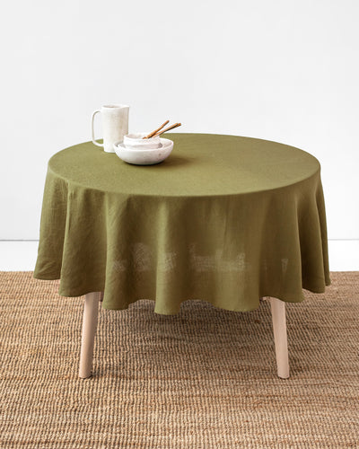 Custom size round linen tablecloth in Olive green - MagicLinen