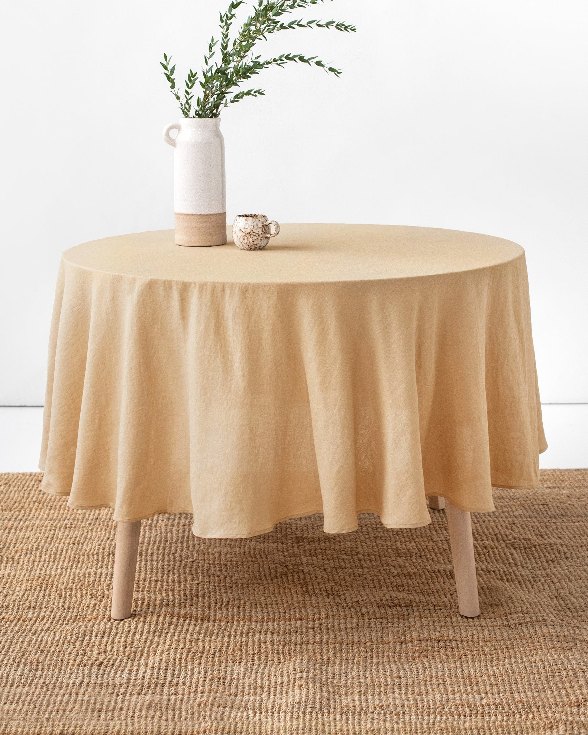 Custom size round linen tablecloth in Sandy beige - MagicLinen
