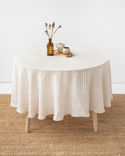 Round linen tablecloth in Striped in natural - MagicLinen