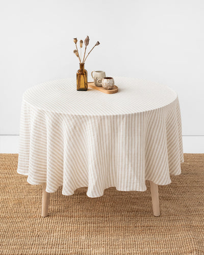 Custom size round linen tablecloth in Striped in natural - MagicLinen