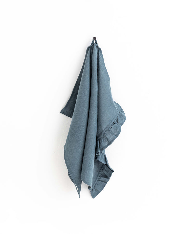 Ruffle trim linen tea towel in Gray blue - MagicLinen