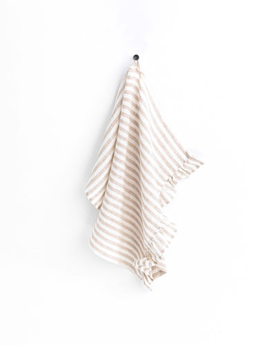 Ruffle trim linen tea towel in Striped in natural - MagicLinen
