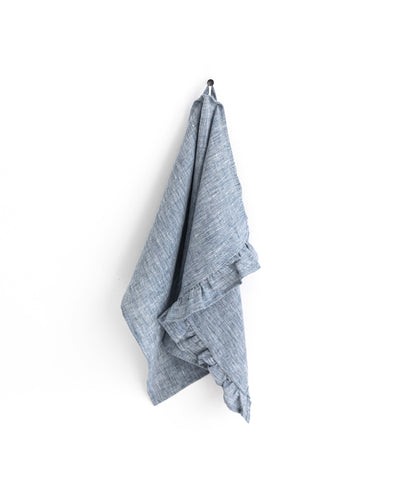 Ruffle trim linen tea towel in Blue melange - MagicLinen