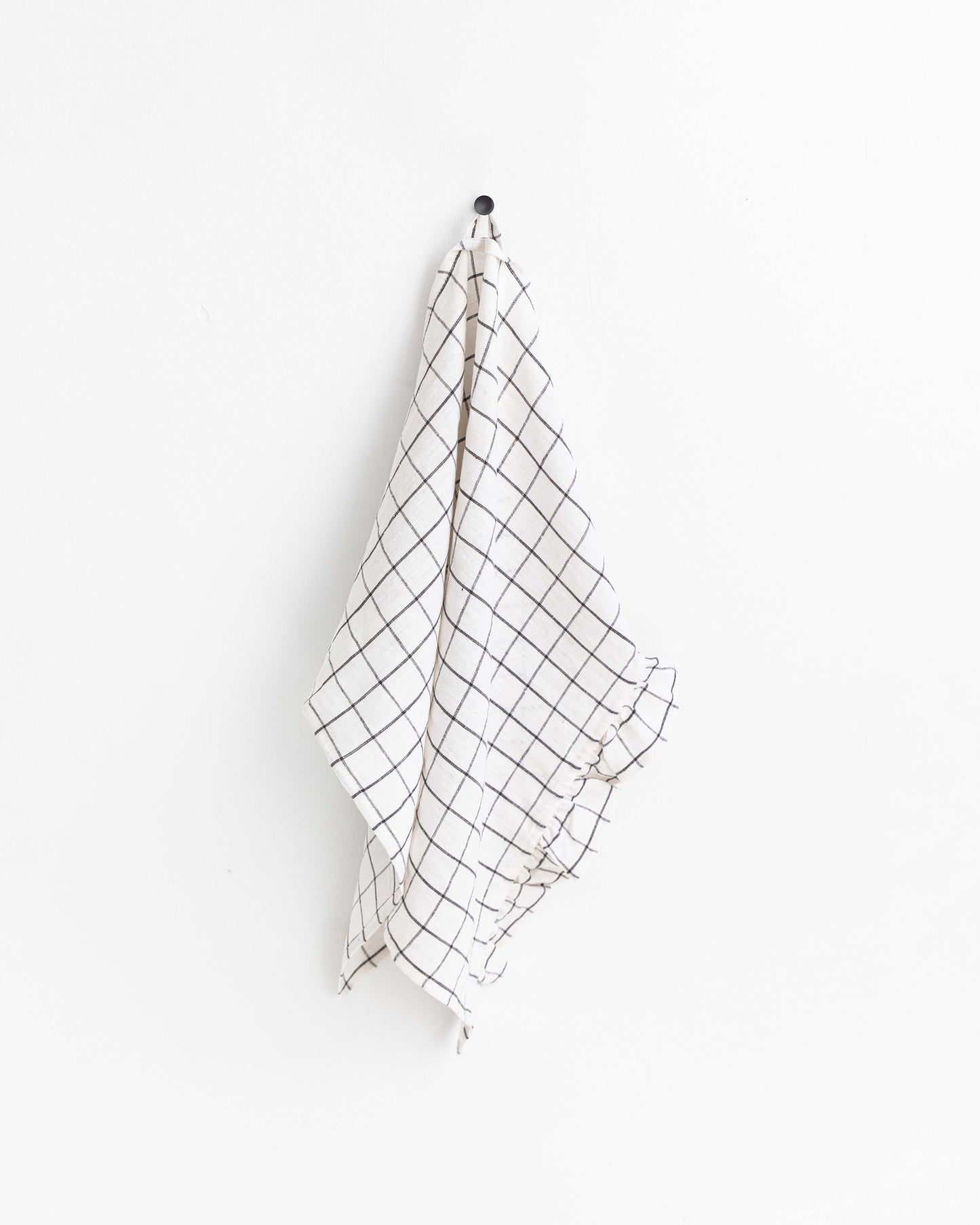 Ruffle trim linen tea towel in Charcoal grid - MagicLinen