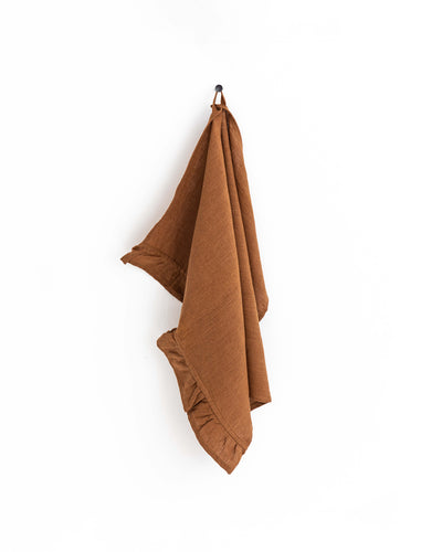 Ruffle trim linen tea towel in Cinnamon - MagicLinen
