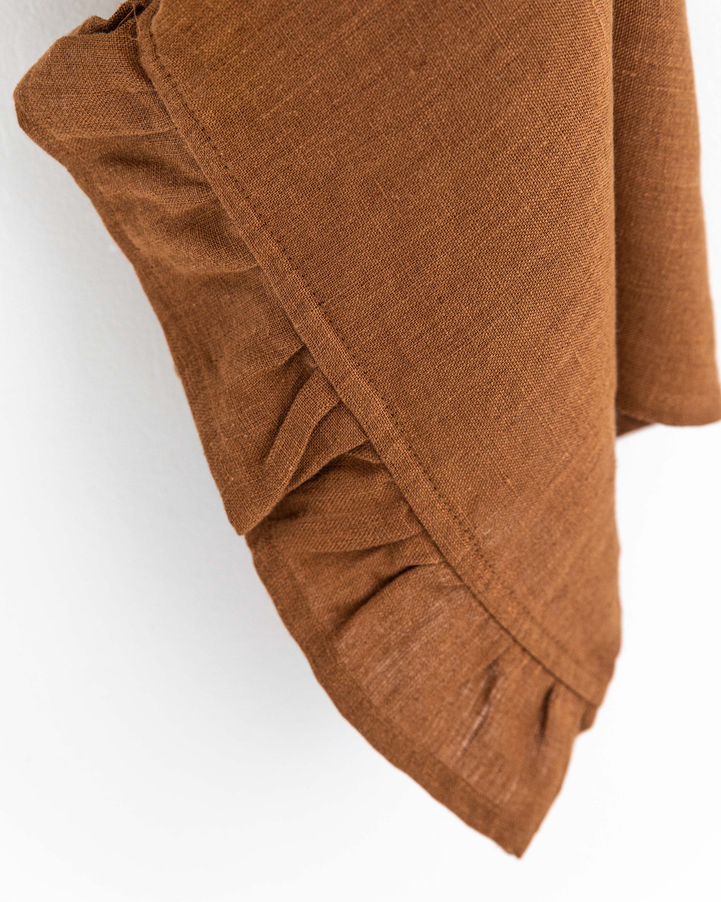 Ruffle trim linen tea towel in Cinnamon - MagicLinen