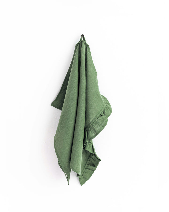 Ruffle trim linen tea towel in Forest green - MagicLinen