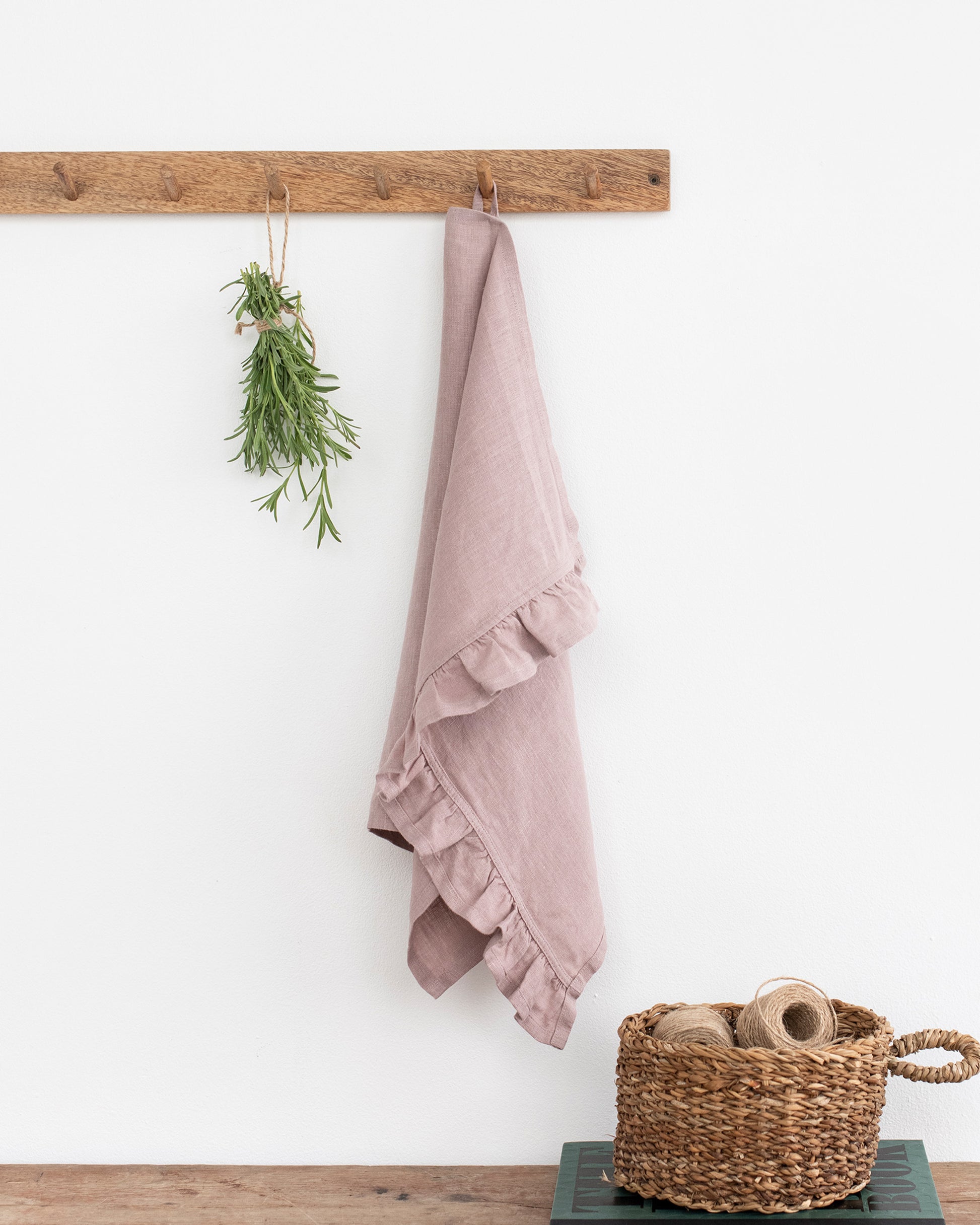 Ruffle trim linen tea towel in Woodrose - MagicLinen