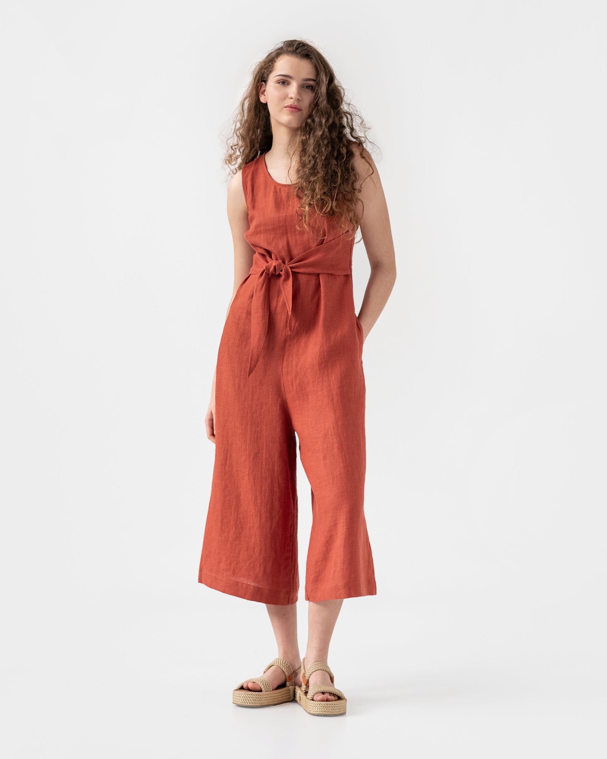 Sleeveless linen jumpsuit MAHONE in clay - MagicLinen