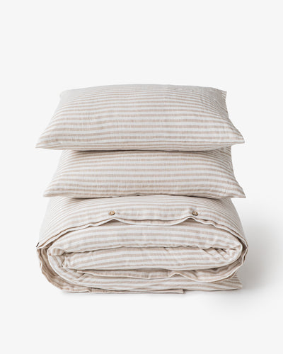 Striped in natural linen duvet cover set (3 pcs) - MagicLinen