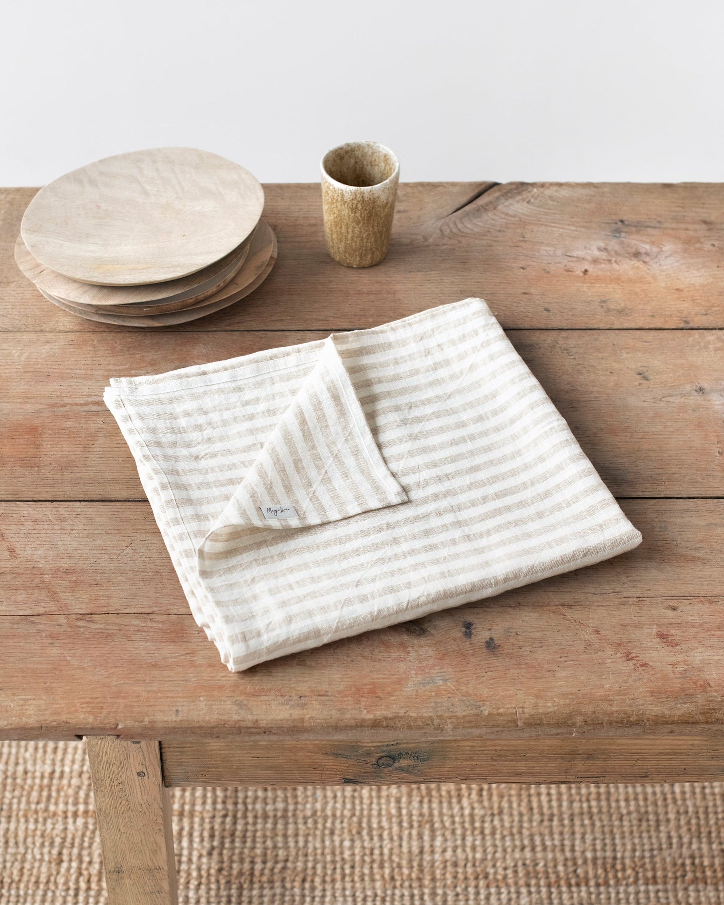 Custom size Striped in natural linen tablecloth - MagicLinen