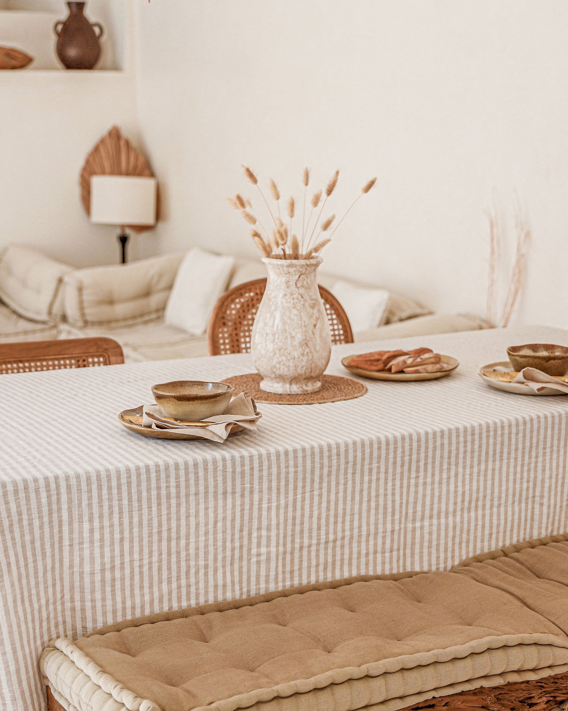 Custom size Striped in natural linen tablecloth - MagicLinen