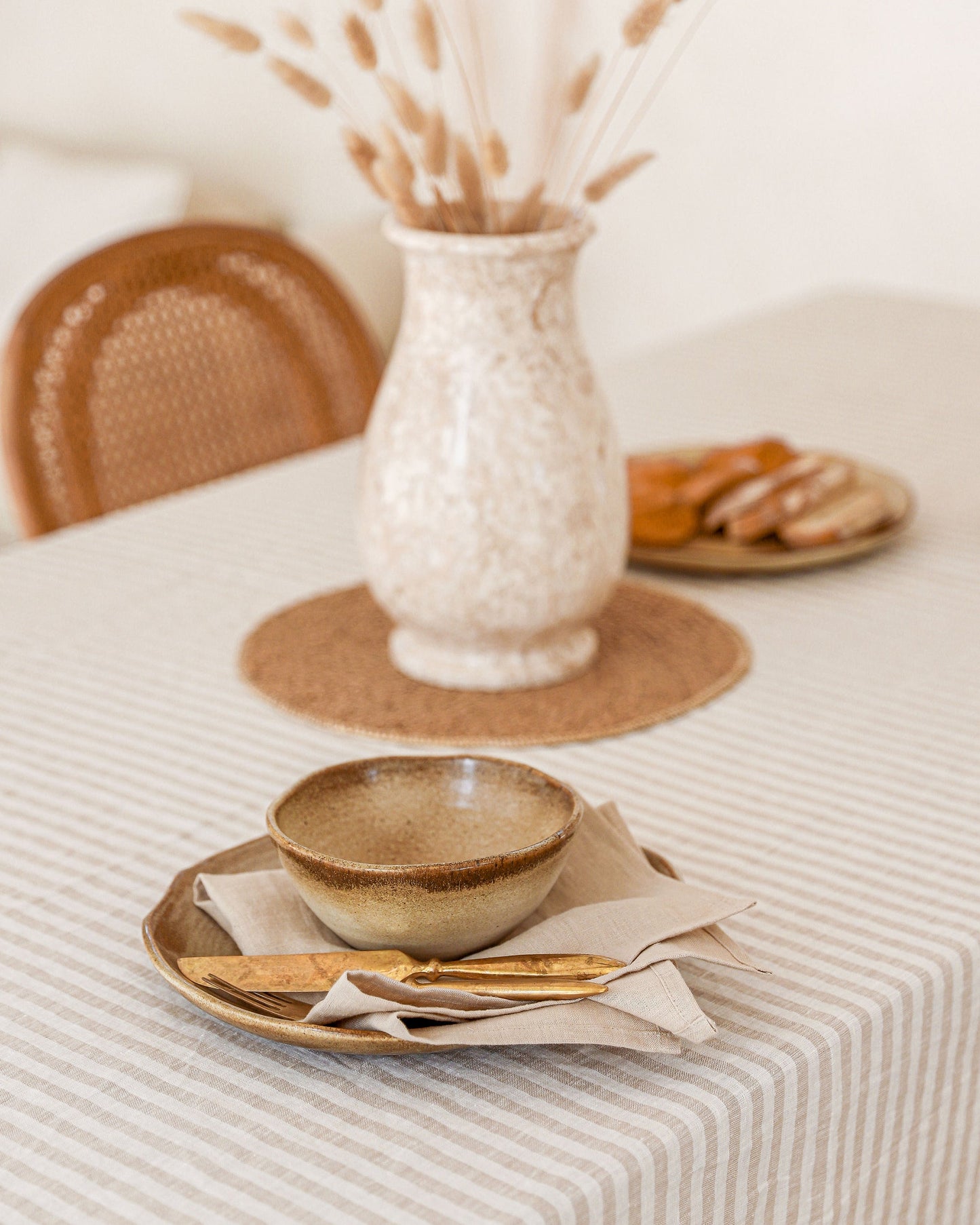 Custom size Striped in natural linen tablecloth - MagicLinen