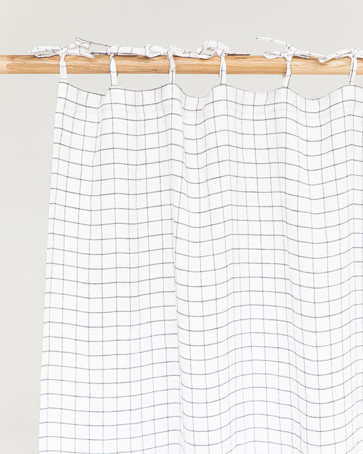 Custom size tie top linen curtain panel (1 pcs) in Charcoal grid - MagicLinen