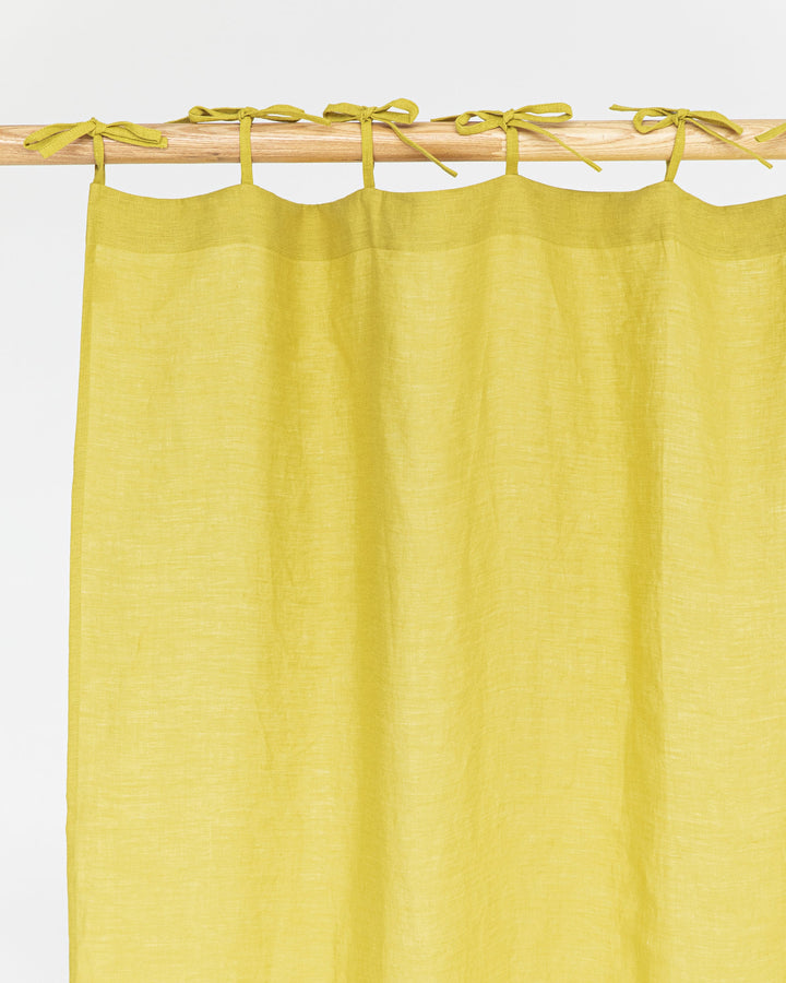 Tie top linen curtain panel (1 pcs) in Moss yellow - MagicLinen