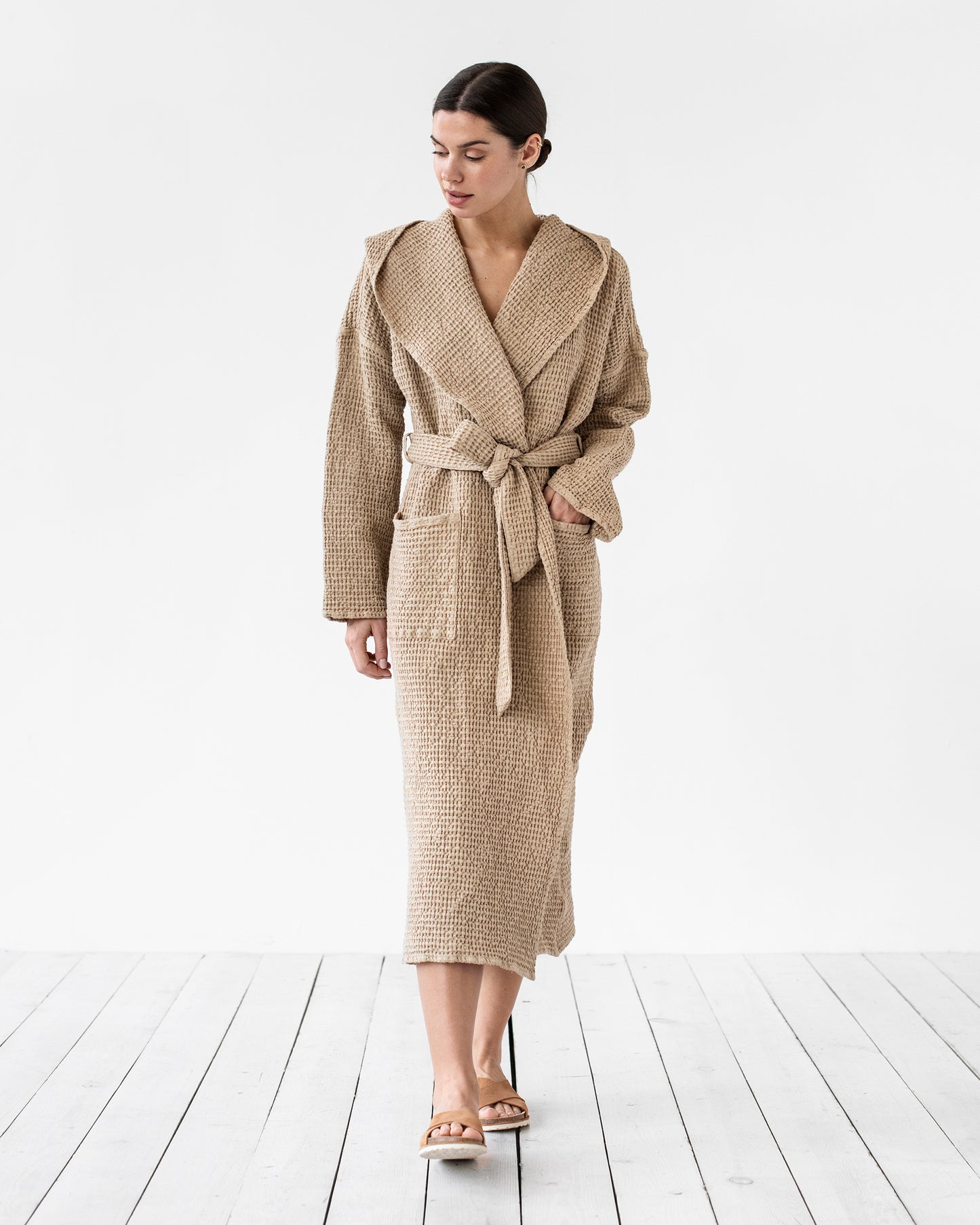 Women's waffle robe in Beige - MagicLinen